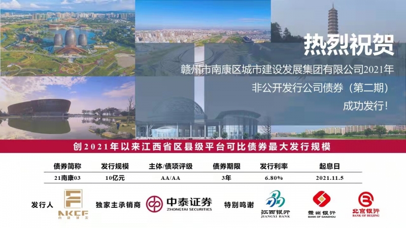 熱烈祝賀！南康城發(fā)集團2021年非公開(kāi)發(fā)行公司債券（第二期）成功發(fā)行！